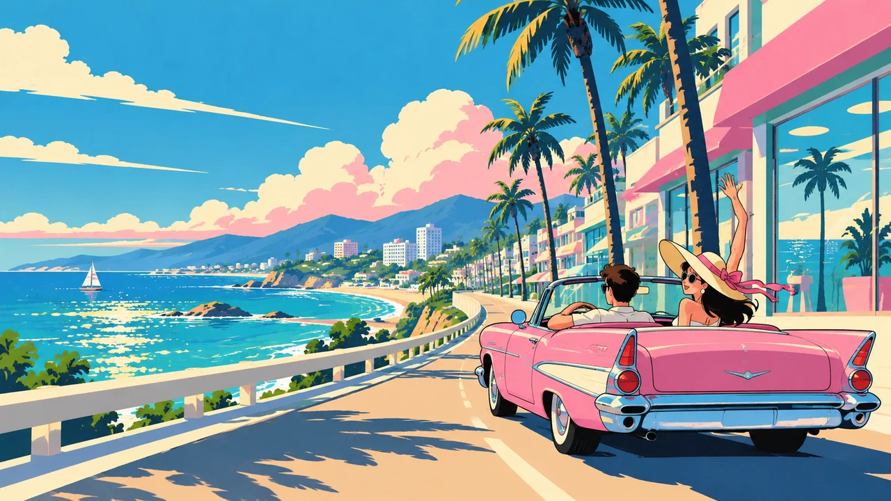 A sunny 1980s seaside boulevard with a pastel convertible and shop windows repeating one reflection