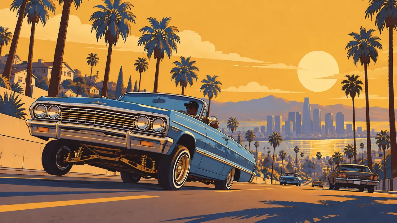 A sunny West Coast boulevard with palms, an original lowrider bouncing, golden afternoon haze, cruising.