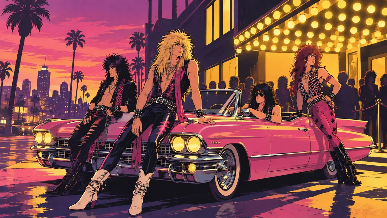 An '80s Sunset Strip-style night street, big marquee bulbs, an original band with teased hair and spandex posing by a convertible, pink and chrome.