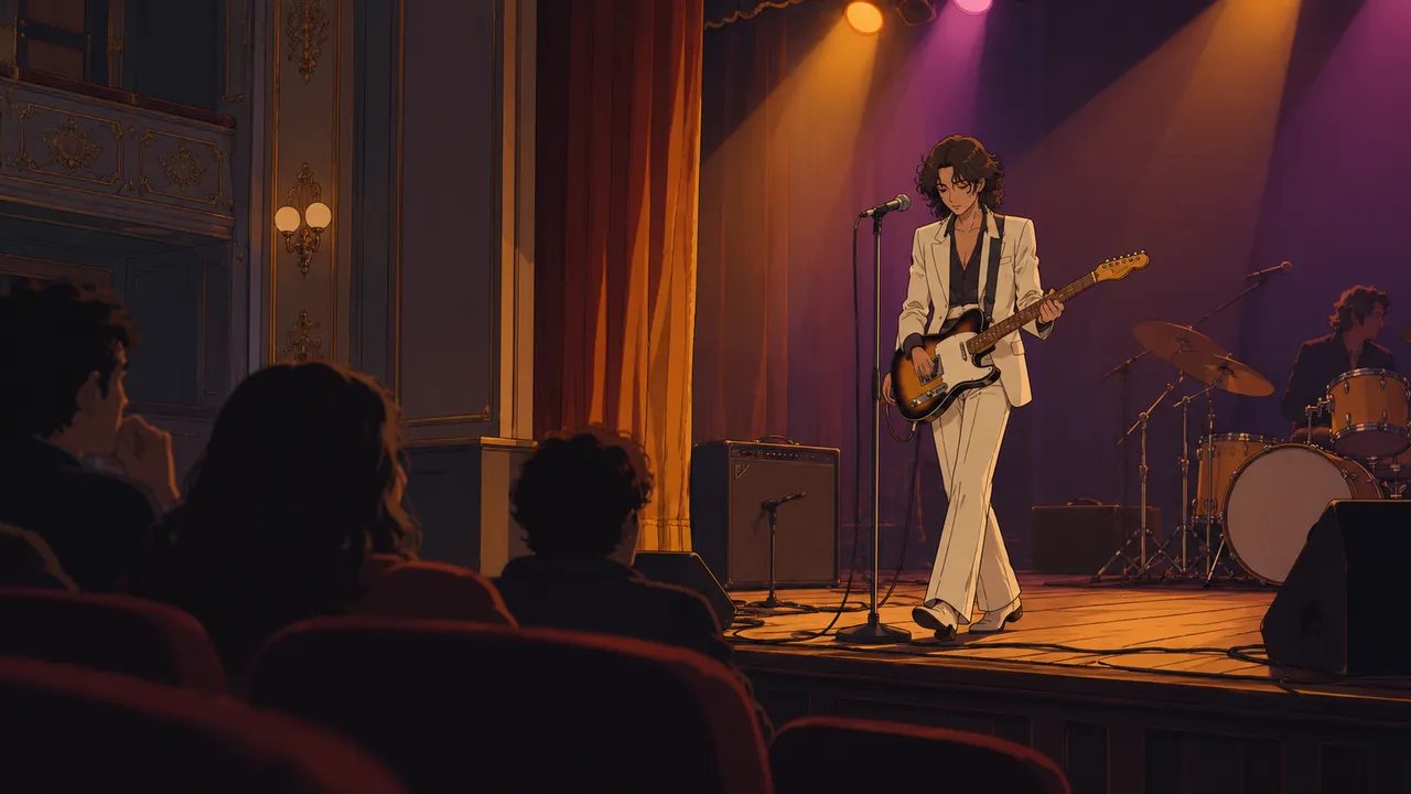 Dans un théâtre vintage, un artiste rock original vêtu d’une tenue de scène blanc argenté se dirige vers le micro sous une lumière dorée et rose-violet.