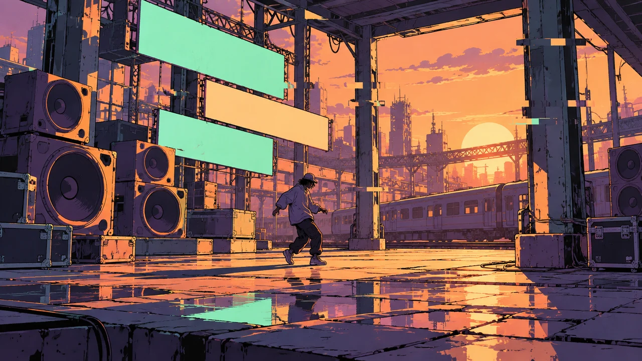 A dancer and offset light panels in a warm futuristic service yard