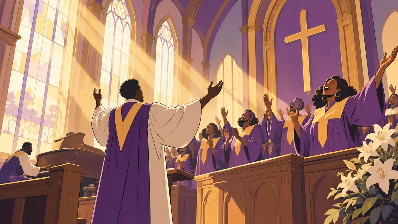 A sunlit wooden church, an original robed choir raising hands, light beams from tall windows.