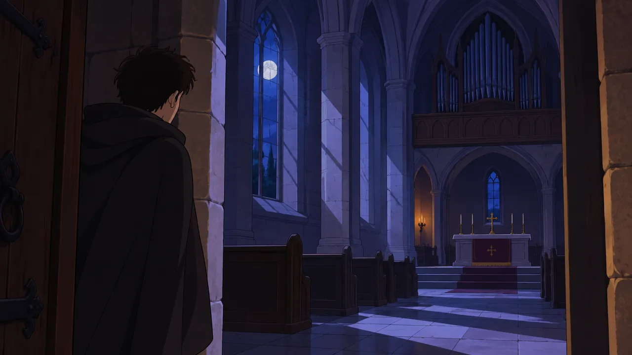 A fictional castle chapel under moonlight, the organ and high arches forming layered space, a traveller by the door and a dark red light in the distance.