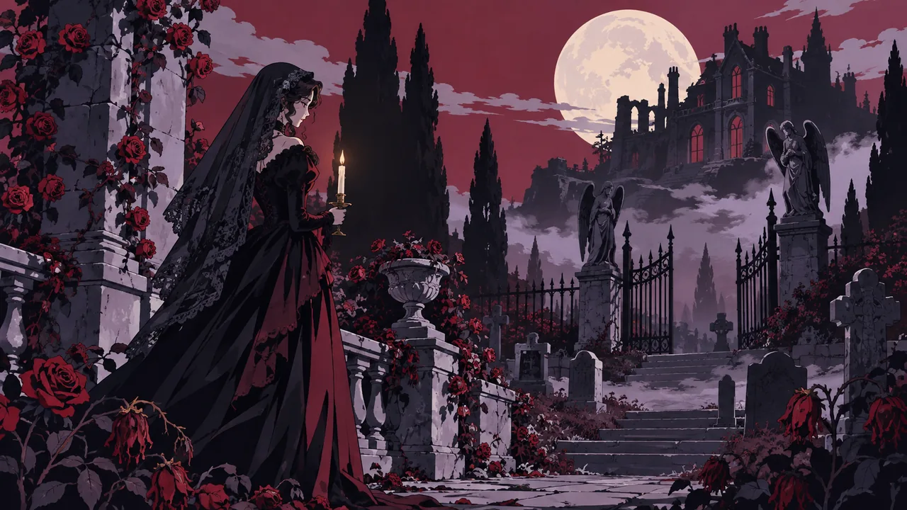 A moonlit Victorian graveyard garden with wilted roses and iron gates, a crumbling mansion behind, an original lady in a black veil holding a candle.