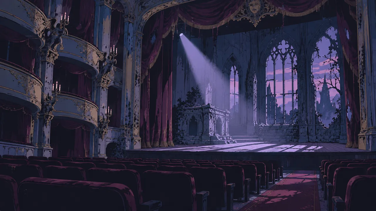 Un vieux théâtre éclairé par une lumière froide, une longue ombre sur des sièges vides