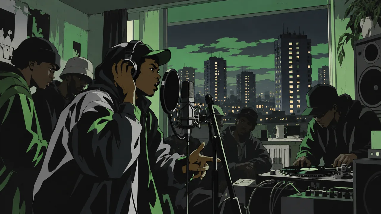 A pirate radio studio in a tower-block flat, original MCs crowding a mic, city lights outside.