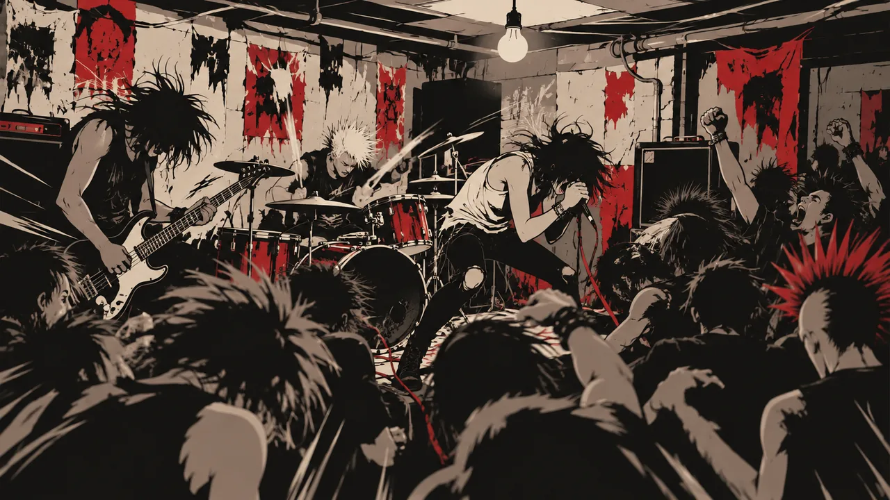 A cramped DIY basement show, bare bulb and peeling posters without readable text, speed lines around a tiny chaotic band, photocopy-zine black and white with a red accent.