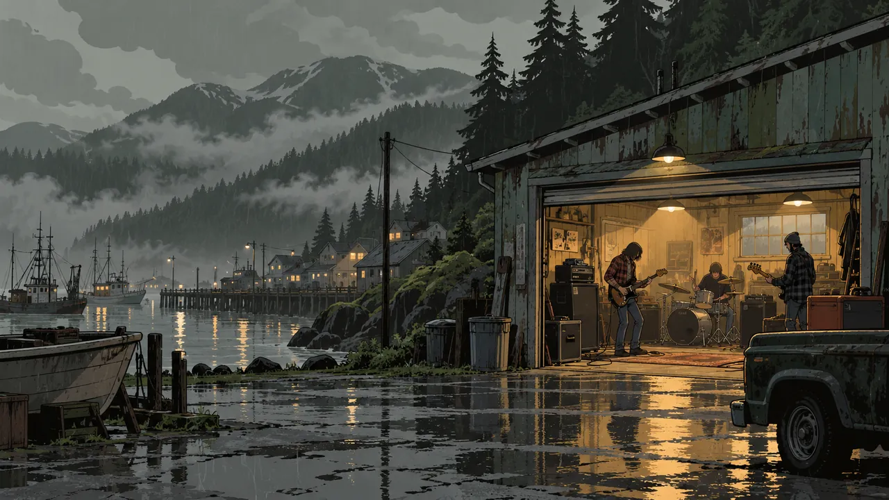 A rainy Pacific Northwest port city, a lit garage under a grey-green sky, silhouettes of musicians in flannel and misty pine forests.
