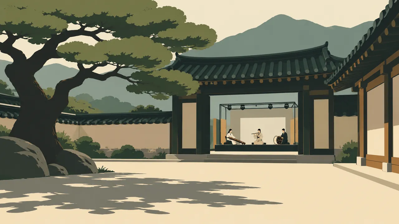 A courtyard framed by dark eaves and a large tree, a gateway opening onto a simple modern stage
