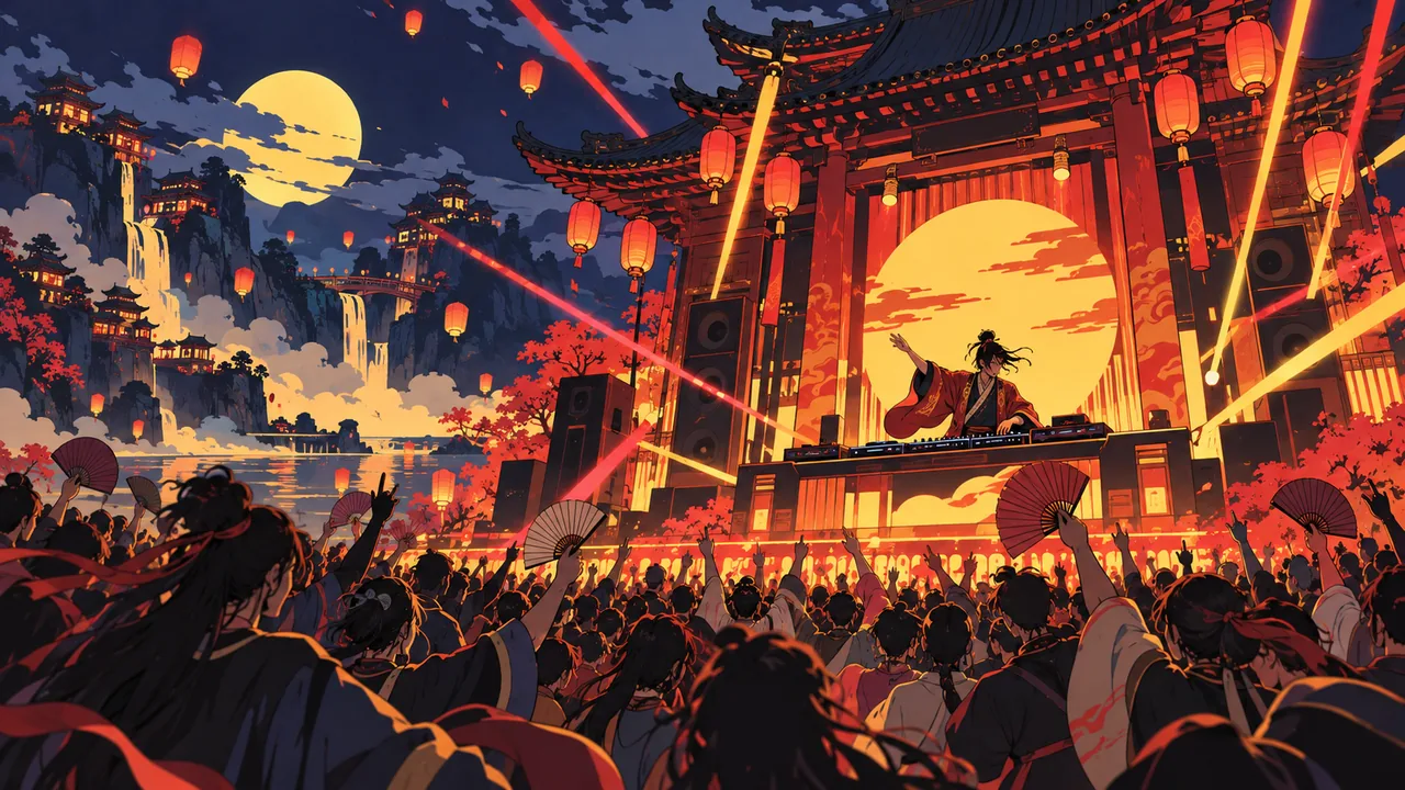A night festival stage shaped like an ancient pavilion, lanterns pulsing to the beat, an original DJ in a hanfu-inspired jacket, the crowd raising folding fans.