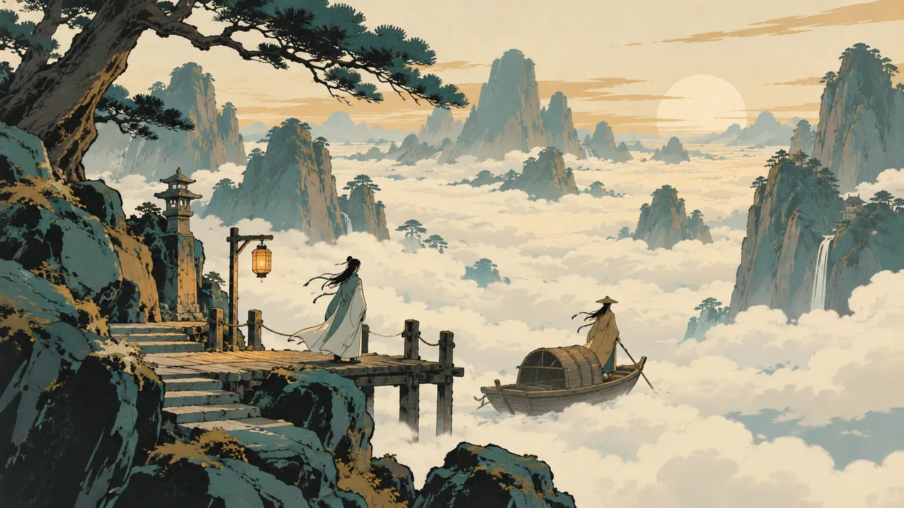 Above a sea of clouds, two travellers part at a ferry crossing, leaving a single lamp on the shore.