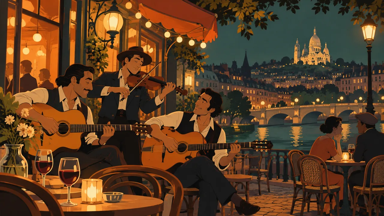 A Paris café terrace at night with string lights, original musicians playing acoustic guitars and violin, wine glasses.