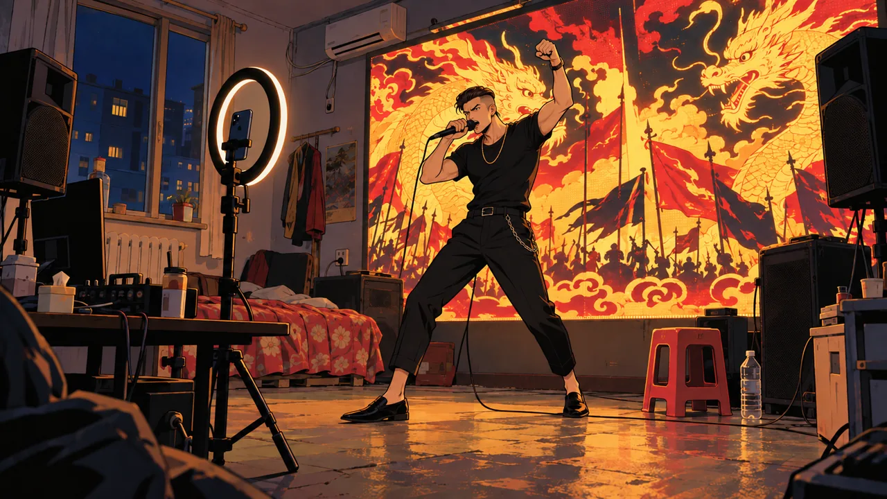 A livestream room at night, an original young MC shouting into a mic under a ring light, a big screen of golden dragons and battle banners behind.