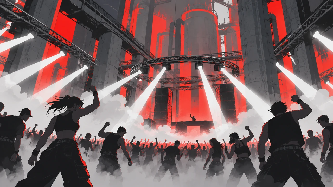 A rave in a concrete power station, white strobes cutting through fog