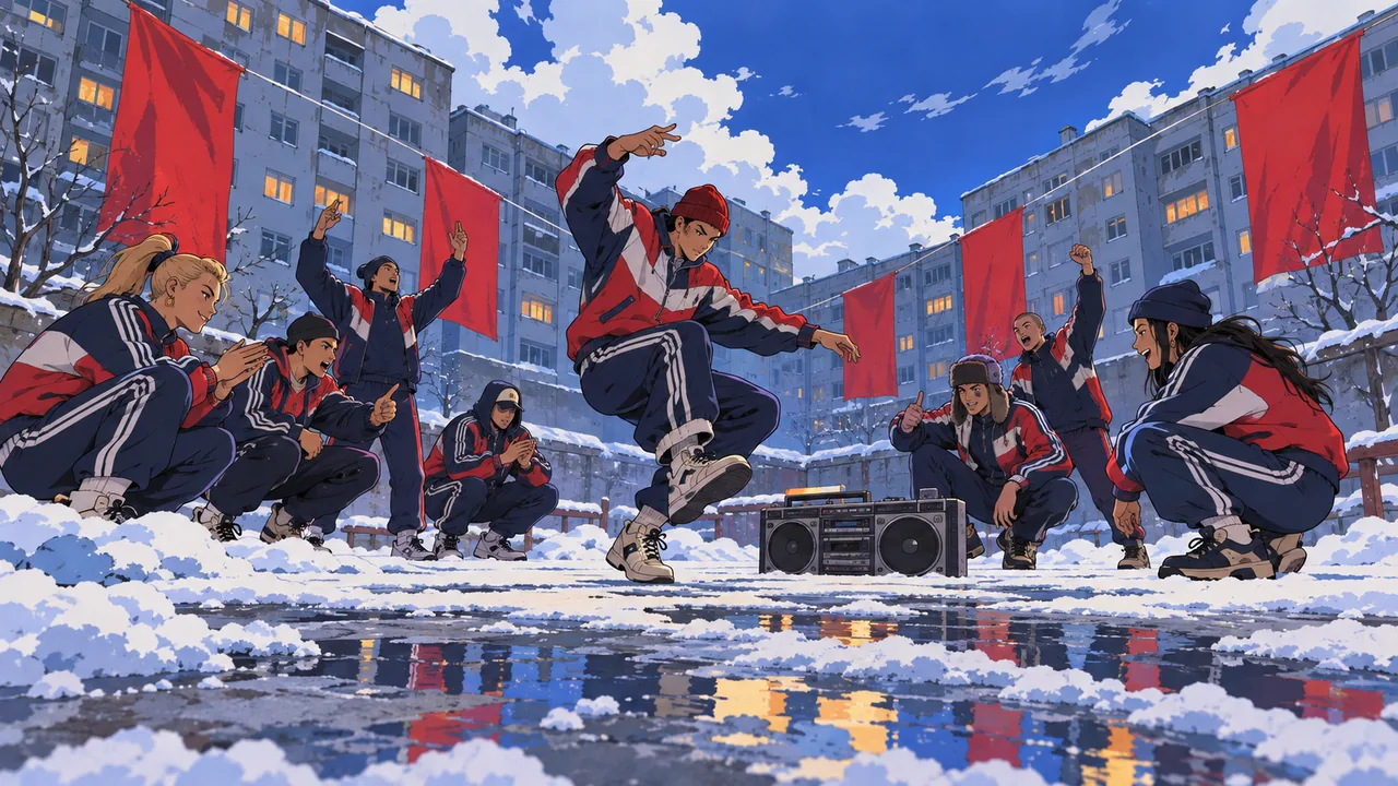 A snowy courtyard between grey blocks, original youths in matching tracksuits squat-dancing around a boombox, cold sky and plain red banners.