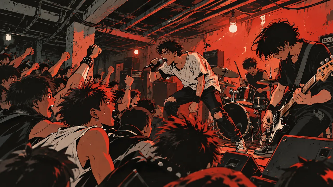 A low-ceilinged basement show with exposed pipes, an original band playing at floor level, the crowd surging forward.