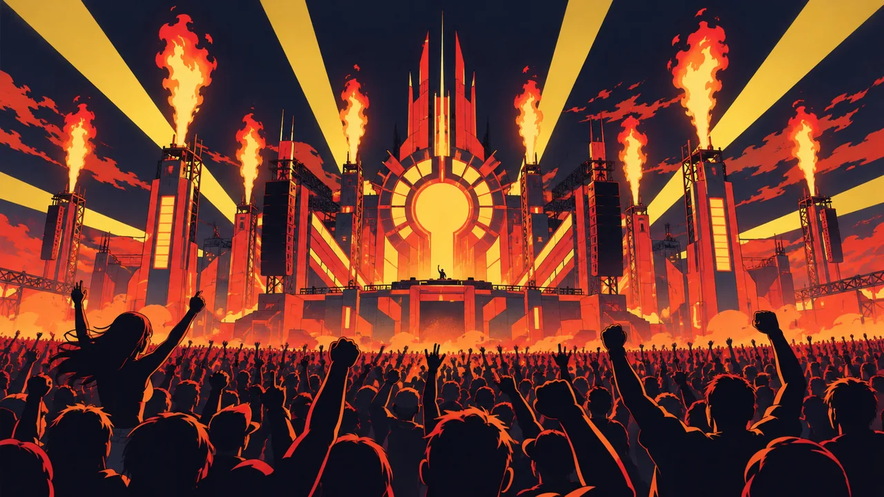 A colossal outdoor festival main stage at night, fan-shaped flat beams, graphic pyrotechnic flames, a sea of raised hands.