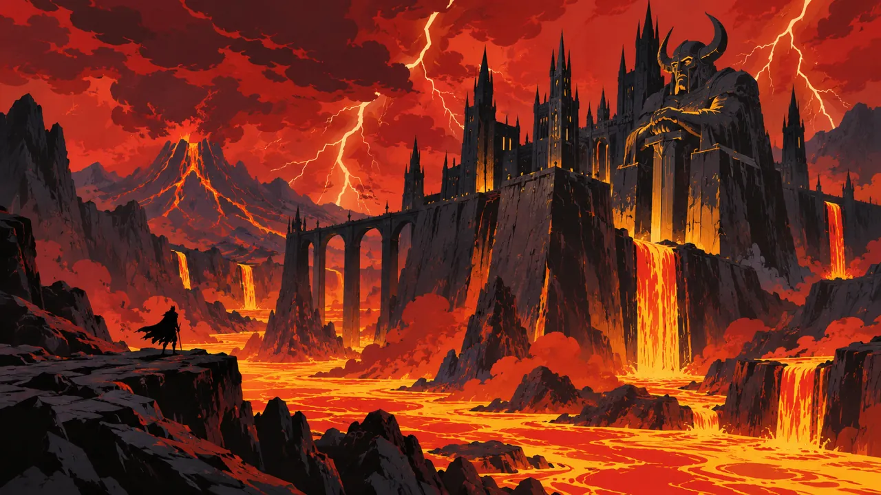 A volcanic canyon in a thunderstorm, a black fortress above a river of lava, lightning illuminating a giant metal statue.