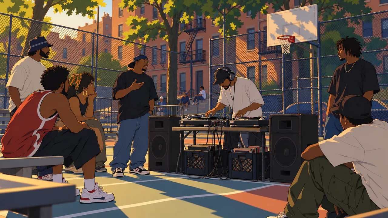 Original characters gathered around turntables on a neighbourhood court