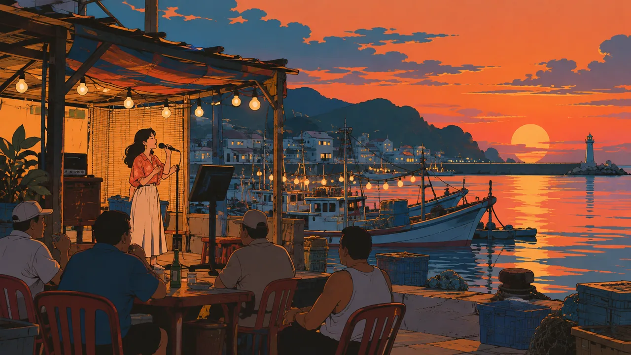 A southern Taiwan harbour town at dusk, lit fishing boats, a roadside karaoke stall, an original singer under string lights.