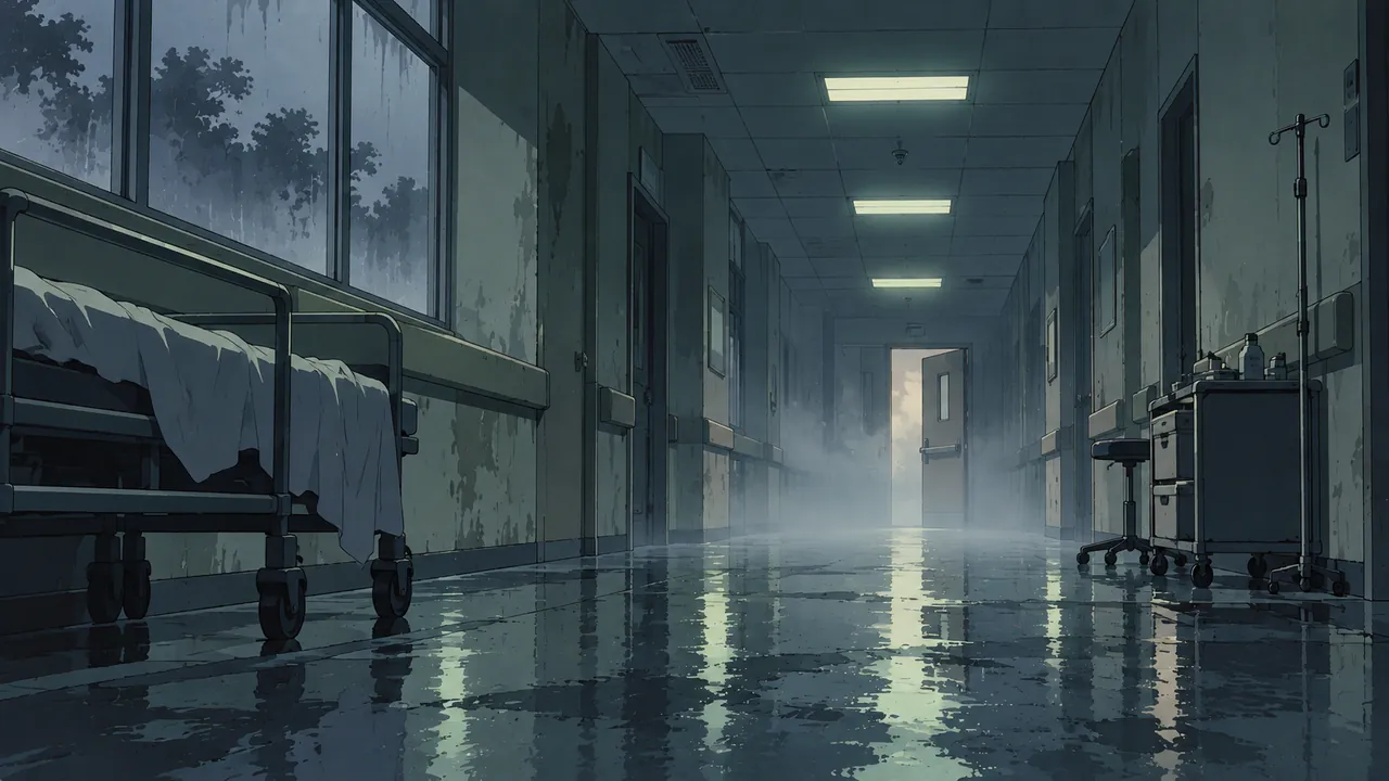 A hospital corridor subtly altered by fog and water stains, with a half-open door
