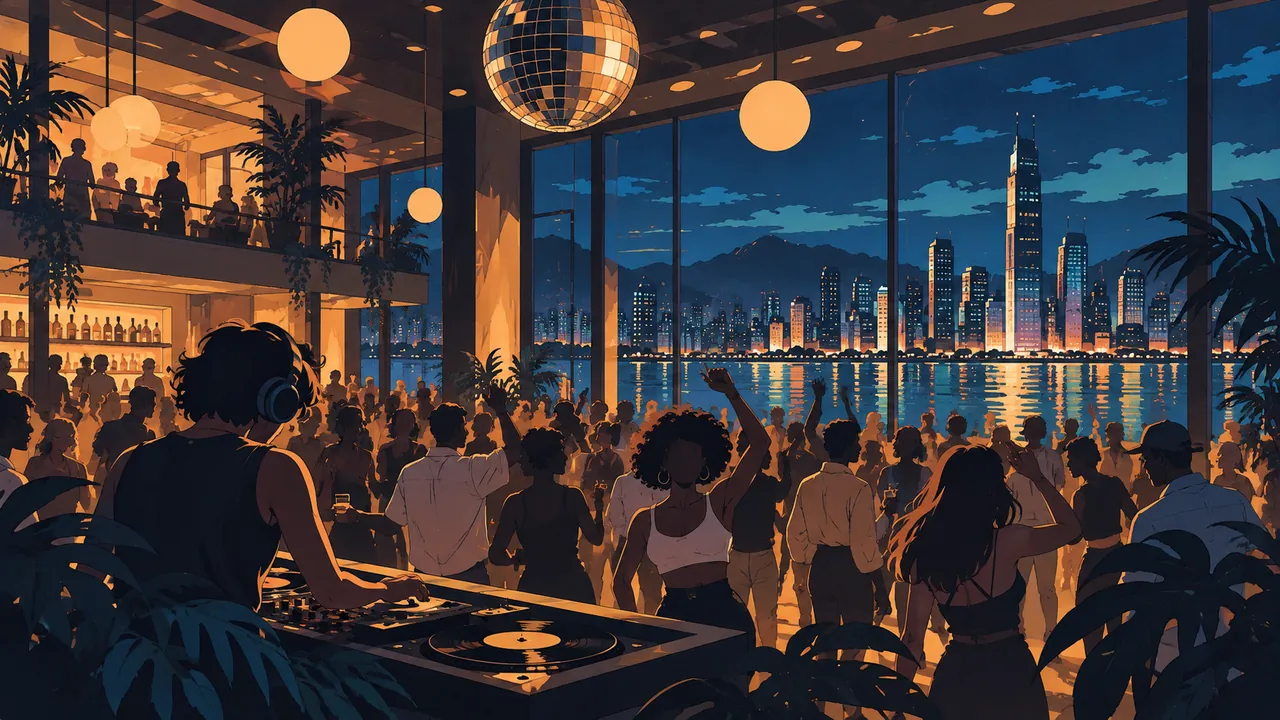 A small club between warm light and the deep blue city