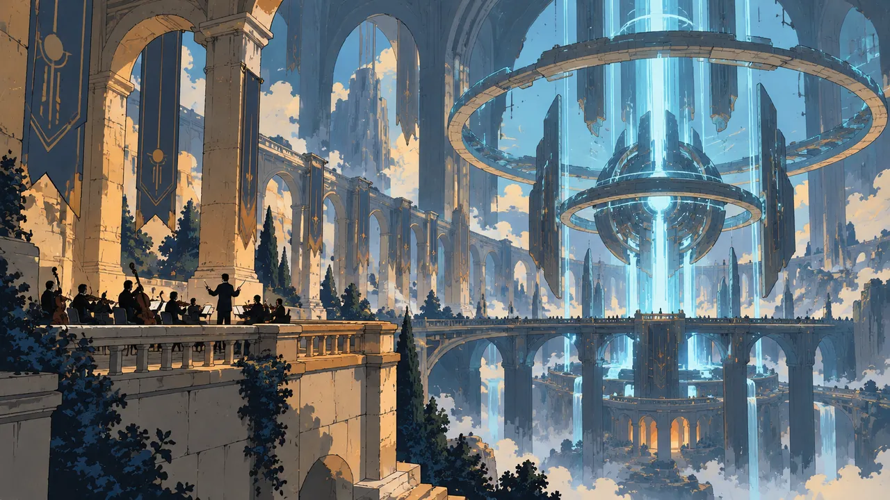 A vast hall where ancient stonework meets a cold energy device