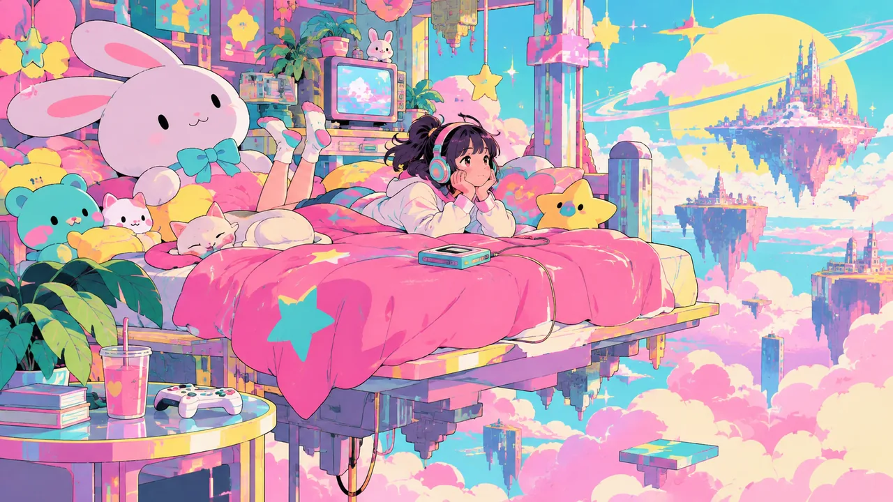 A surreal candy-coloured digital bedroom floating in a glitchy sky, oversized plush toys, sparkle shapes, a teen with headphones on the bed.
