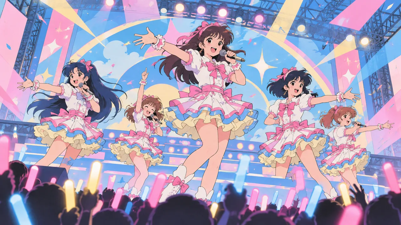 Une scène de concert d'idoles lumineuse, un groupe de filles original en costumes assortis au milieu de la danse, des faisceaux plats couleur lampe-stylo venant de la foule.