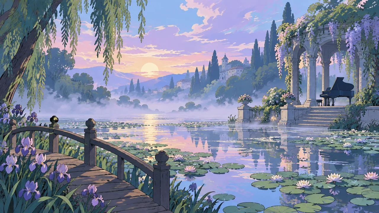 A misty lily pond at dawn from a wooden bridge, reflections as flat dappled patches, an unattended piano in a lakeside pavilion.