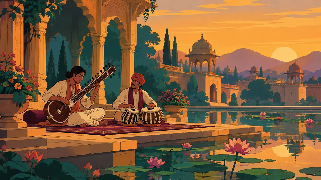 A palace courtyard at dawn by a lotus pond, original musicians with sitar and tabla on a carpet, warm saffron light.