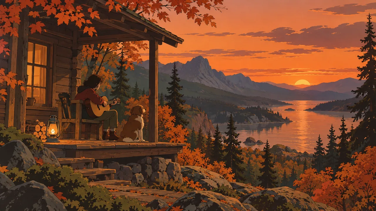 A cabin in an autumn forest at dusk, an original singer with acoustic guitar on the porch, a lantern and a dog.