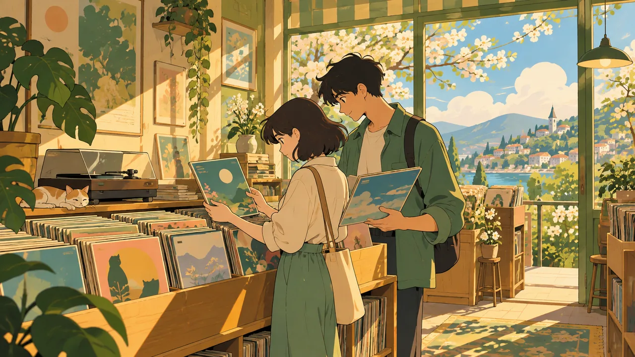A cosy small-town record shop on a spring afternoon, an original couple flipping vinyl, sunbeams through the window.