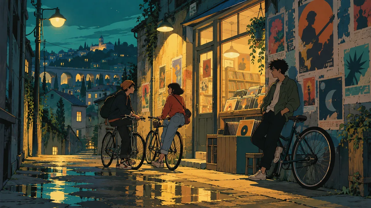 Outside a second-hand record shop in a city alley at night, a few young people leaning on bikes, a streetlight and warm shop glow on a poster-covered wall.