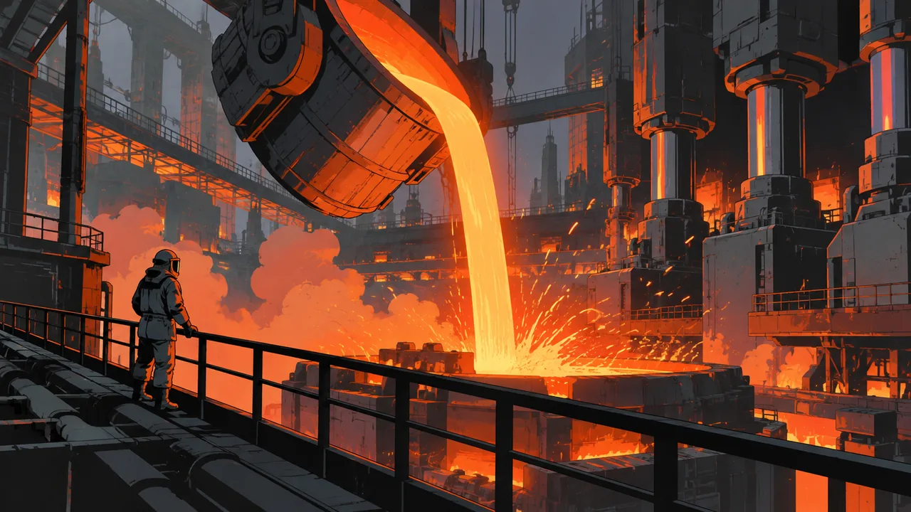A giant steel foundry with molten metal pouring from a crucible, rhythmic pistons and sparks, a worker in a protective suit on a catwalk.