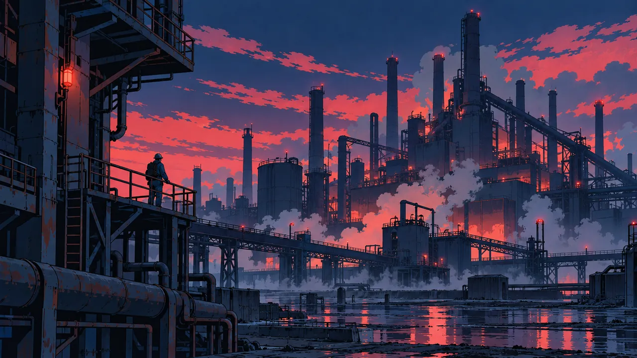 An abandoned factory with machinery, red alarm light and steam