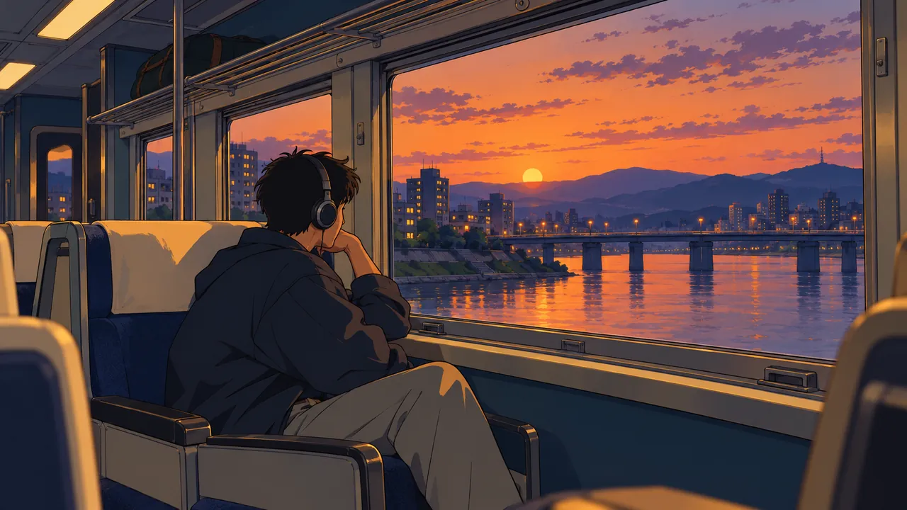 A traveller in headphones on a commuter train looking at the river and the city at dusk
