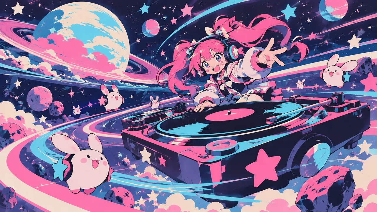 A hyper-cute original mascot DJ on a giant turntable floating in sparkle-filled space, speed rings and stars.