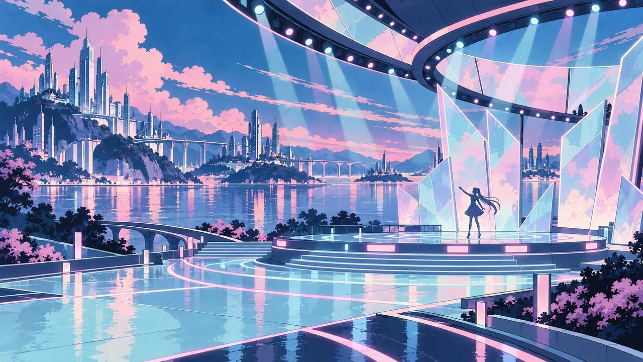 A futuristic pop stage built from geometric lights and transparent structures