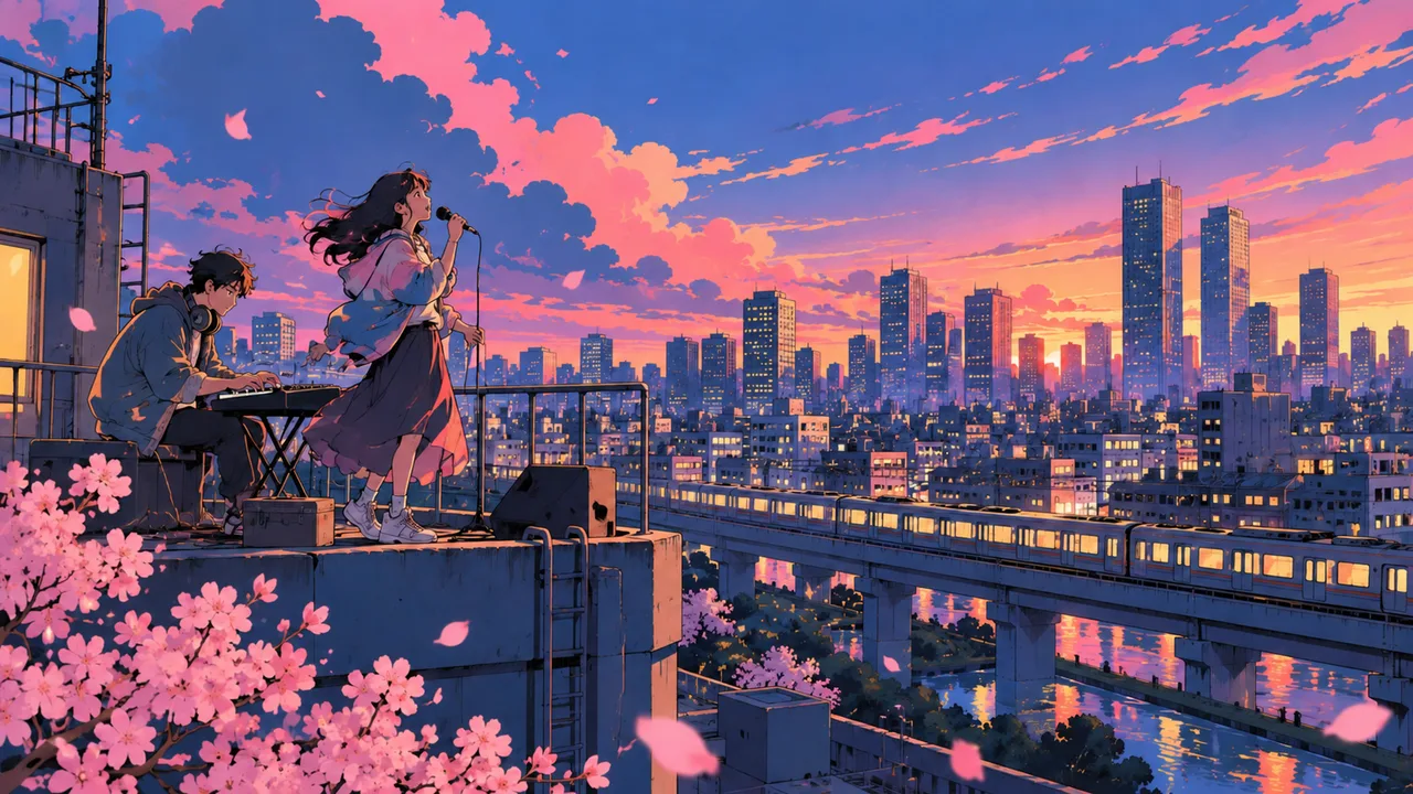 A Tokyo rooftop at blue-hour dusk, an original vocalist with a mic and an original producer at a small keyboard, a train on the elevated line below, city lights coming on, a few cherry petals drifting.
