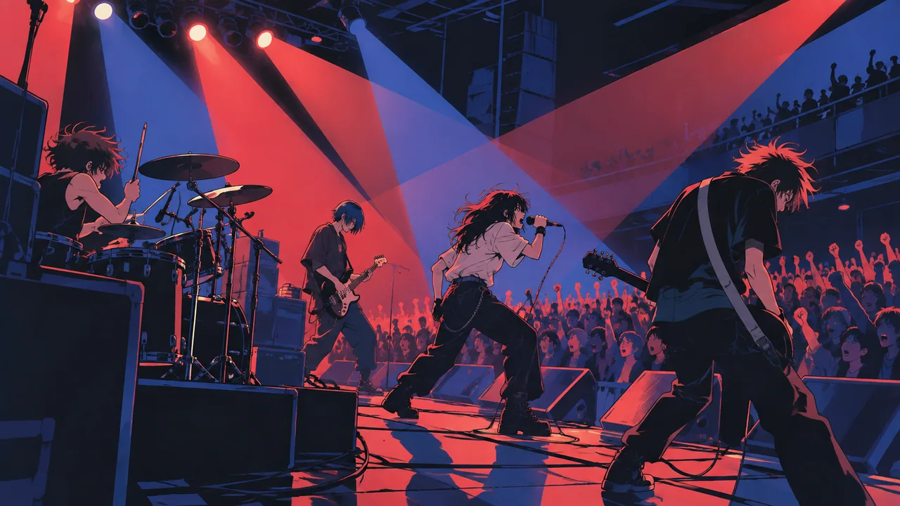A Tokyo live house stage from the side, an original four-piece mid-song, flat spotlight beams, crowd raising fists, anime-opening energy.