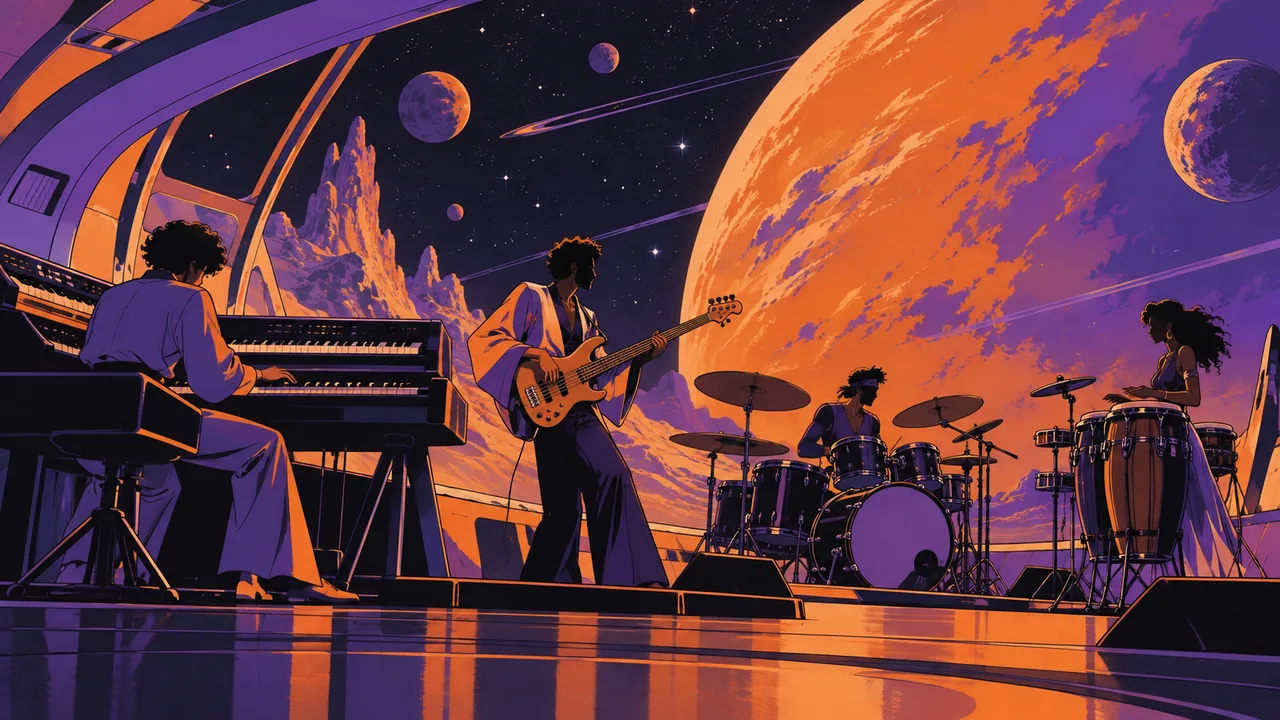 A '70s cosmic concert stage, an original band with electric keyboards and fretless bass, flat starfield and planet backdrop.