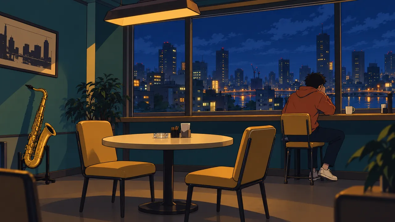 A hand-drawn night diner, a saxophone and a figure leaning by the window