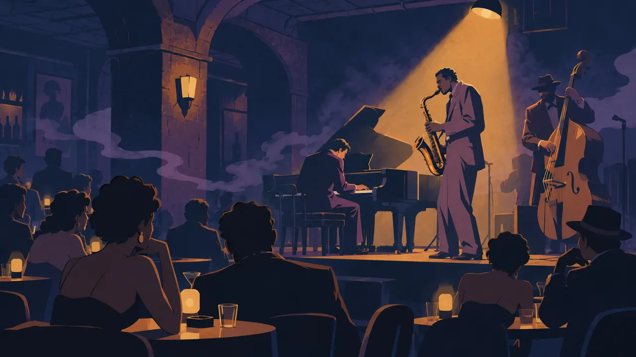 A small stage in a late-night basement club; piano, upright bass and a saxophonist caught in one warm spotlight while haze drifts through the blue dark.