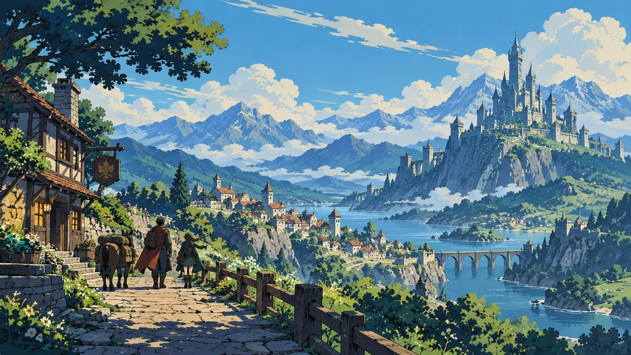 A mountain inn, a town and a road leading to a distant castle