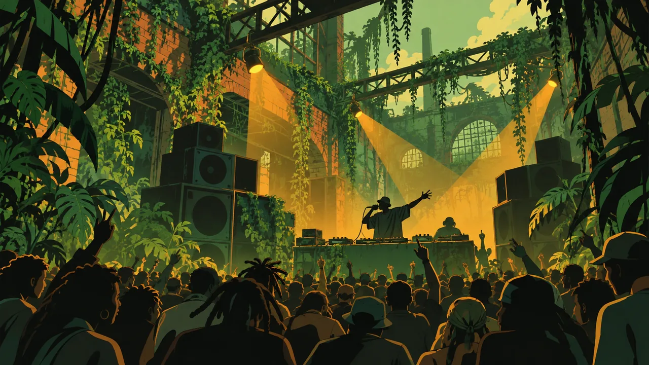 A '90s warehouse rave hidden in an overgrown city block, vines on brick walls, an original MC with a mic over the crowd, green and amber light.