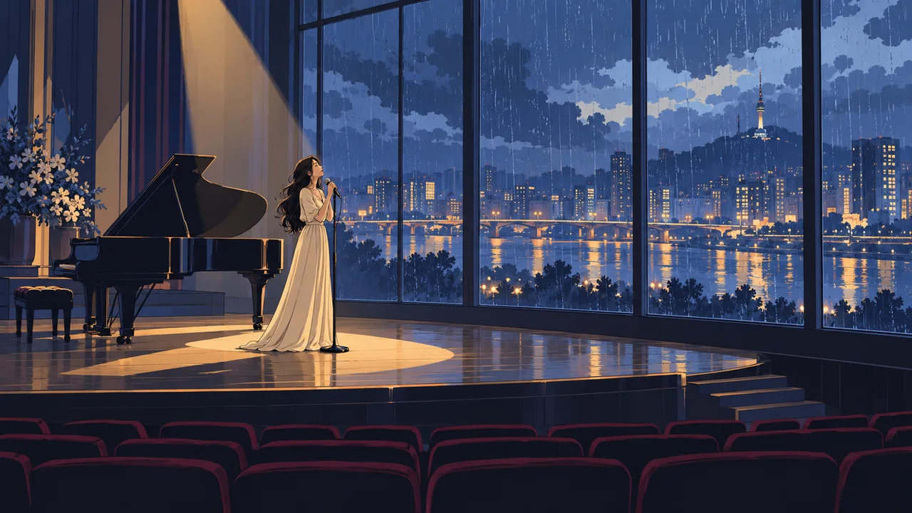 A small concert hall at night, an original singer alone in a warm spotlight beside a black grand piano, rain streaking the tall windows behind, blurred Seoul lights outside.