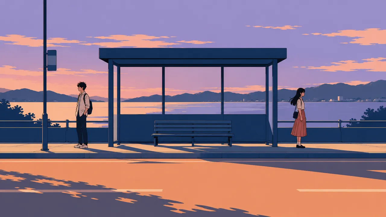 Two figures on either side of a bus stop under a pale violet sky, an empty bench between them