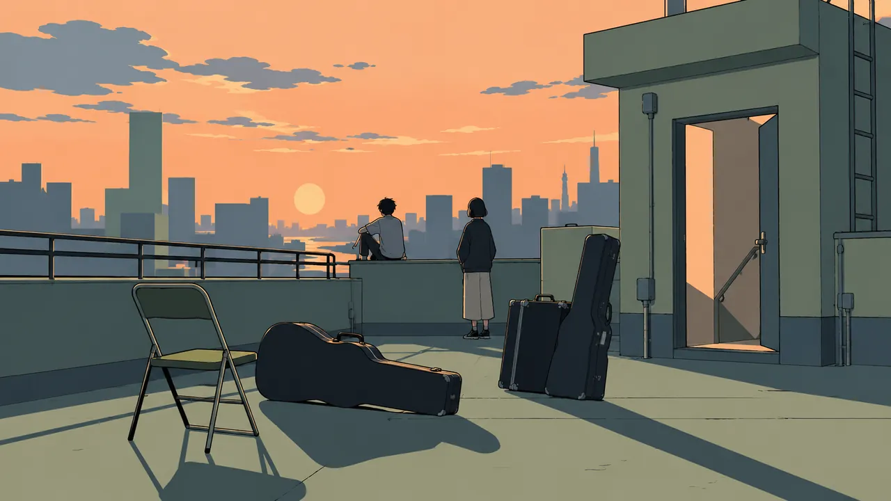A folding chair, instrument cases and two silhouettes on an evening rooftop