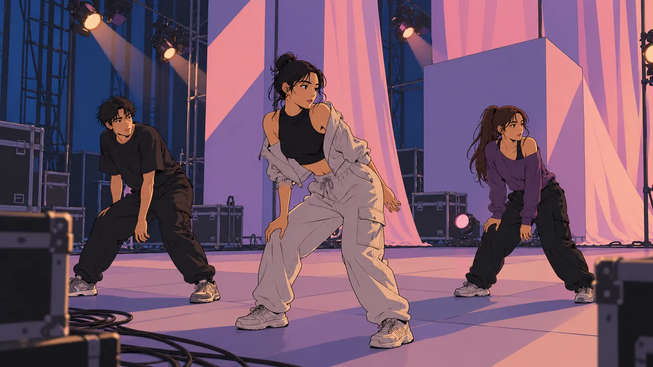 Three original dancers rehearsing on a blue-violet and pink stage